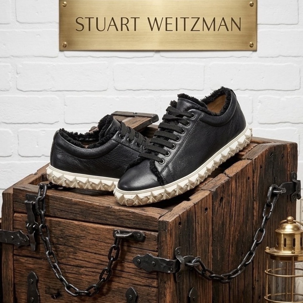 🔥Stuart‎ Weitzman🖤Daryl Spiky Leather Sneaker Black Distressed Frayed Sawtooth